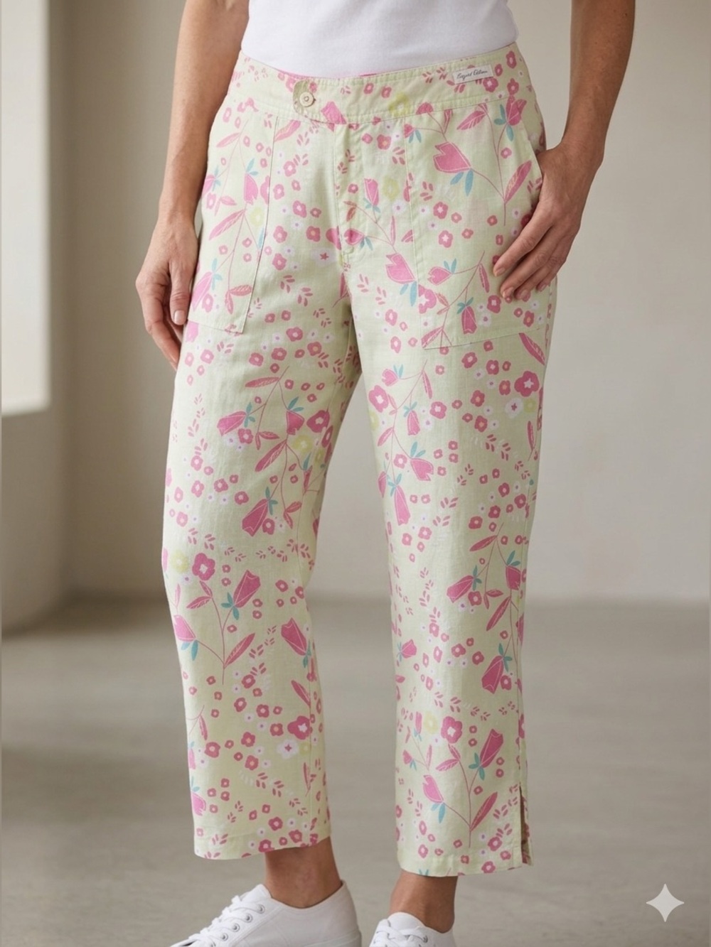 Sigrid Olsen Linen Pink Floral Crop Pants Size 12